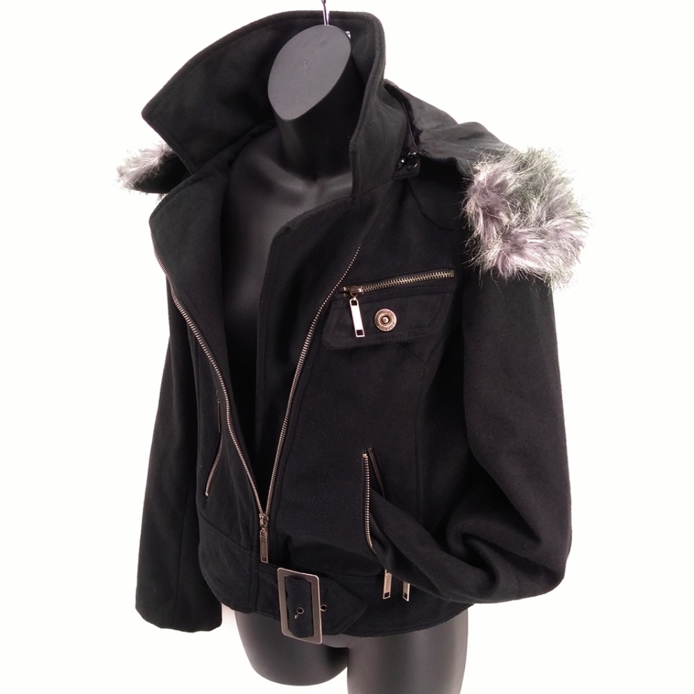 JOUJOU Removable Hood Faux Fur MOTO Jacket